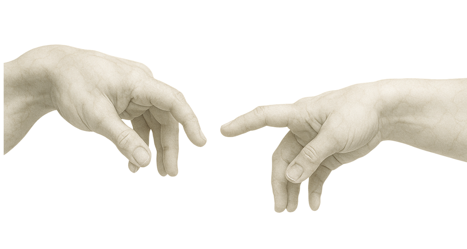 Two hands reaching toward each other, symbolizing human connection